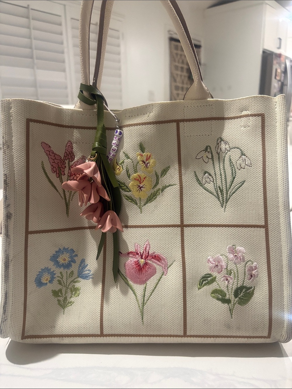 Floral Embroidered Canvas Tote Bag - Cream with Multicolor Accents